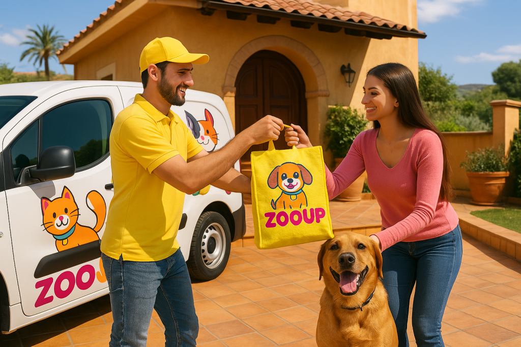 Furgone brandizzato ZooUp effettua la consegna a domicilio di mangime per animali a Catania, consegnando direttamente a casa un sacco di cibo per cani a una cliente soddisfatta.